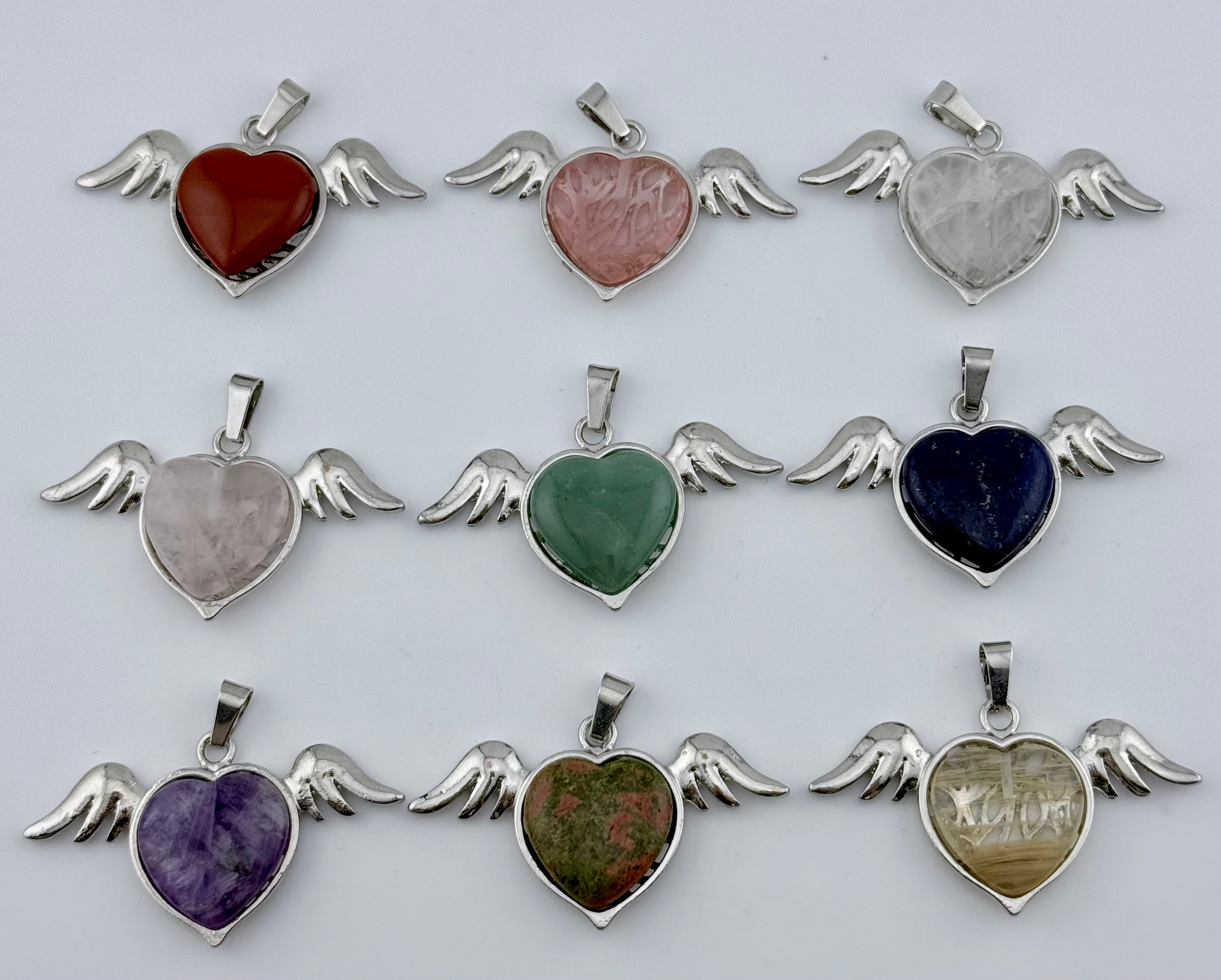 Natural Stone Heart-Shaped Pendant With Wings