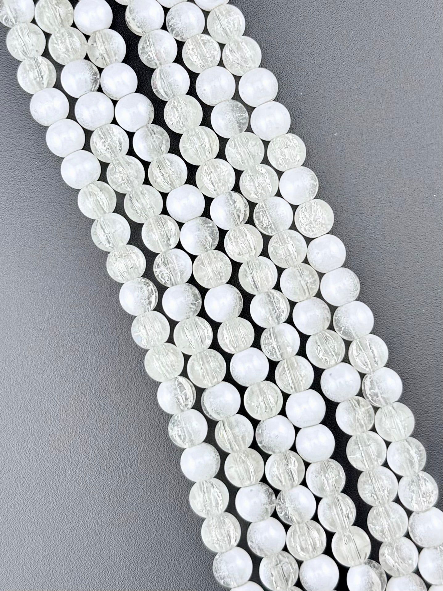 8mm Glass Crackle Beads Strand White-Clean