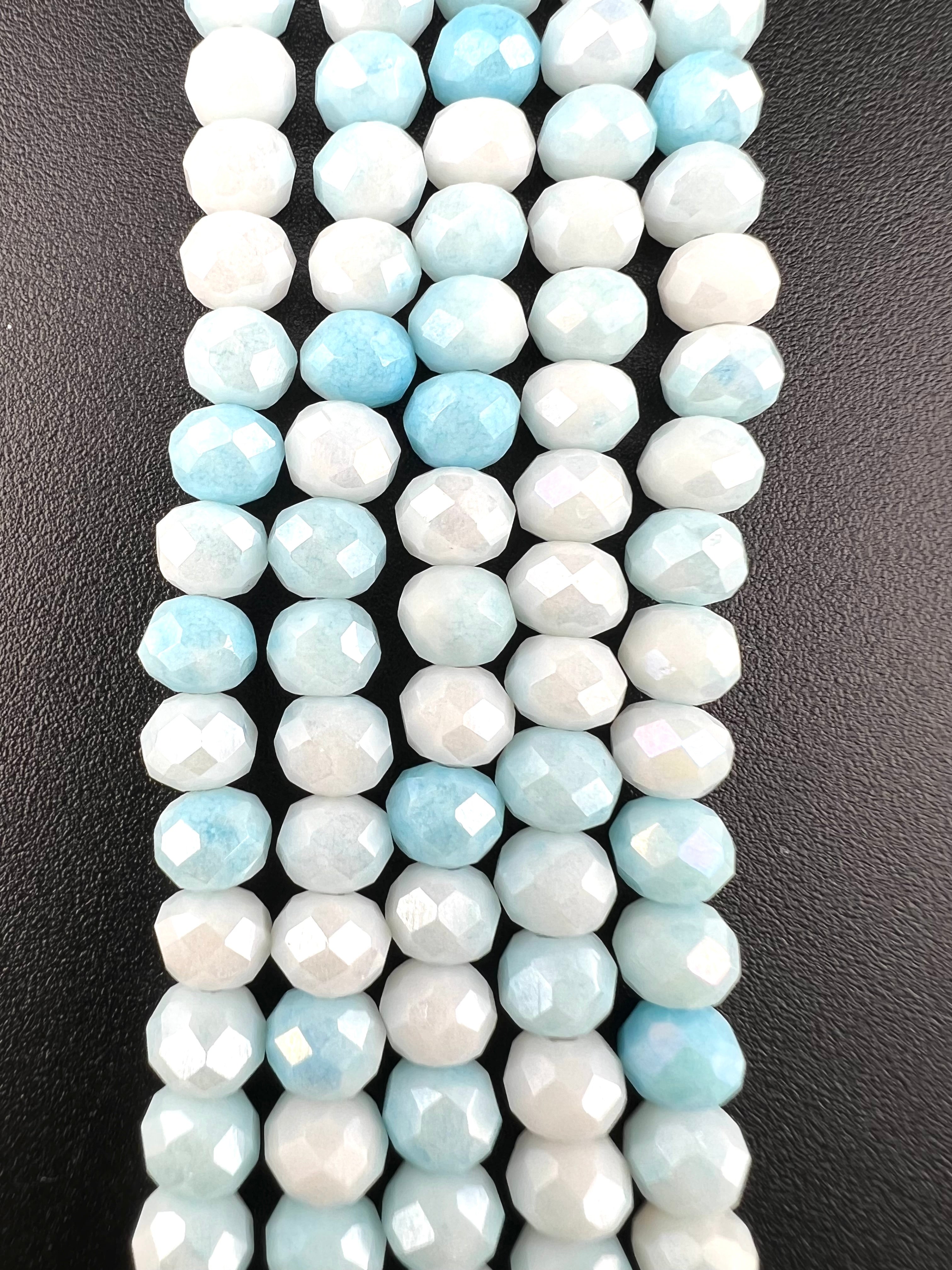 6mm Glass Faceted Rondelle Beads Light Blue and White