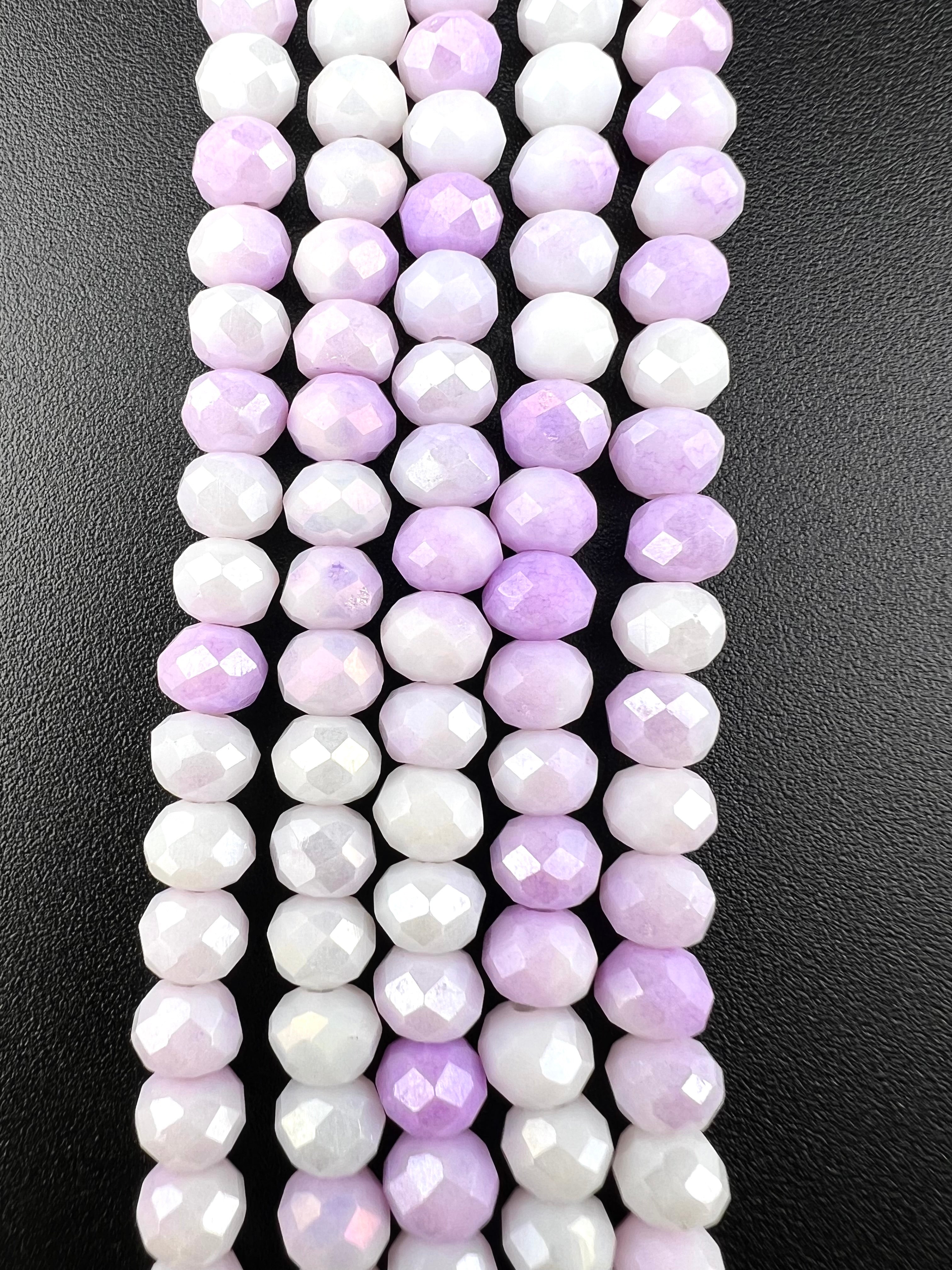 6mm Glass Faceted Rondelle Beads Purple and White