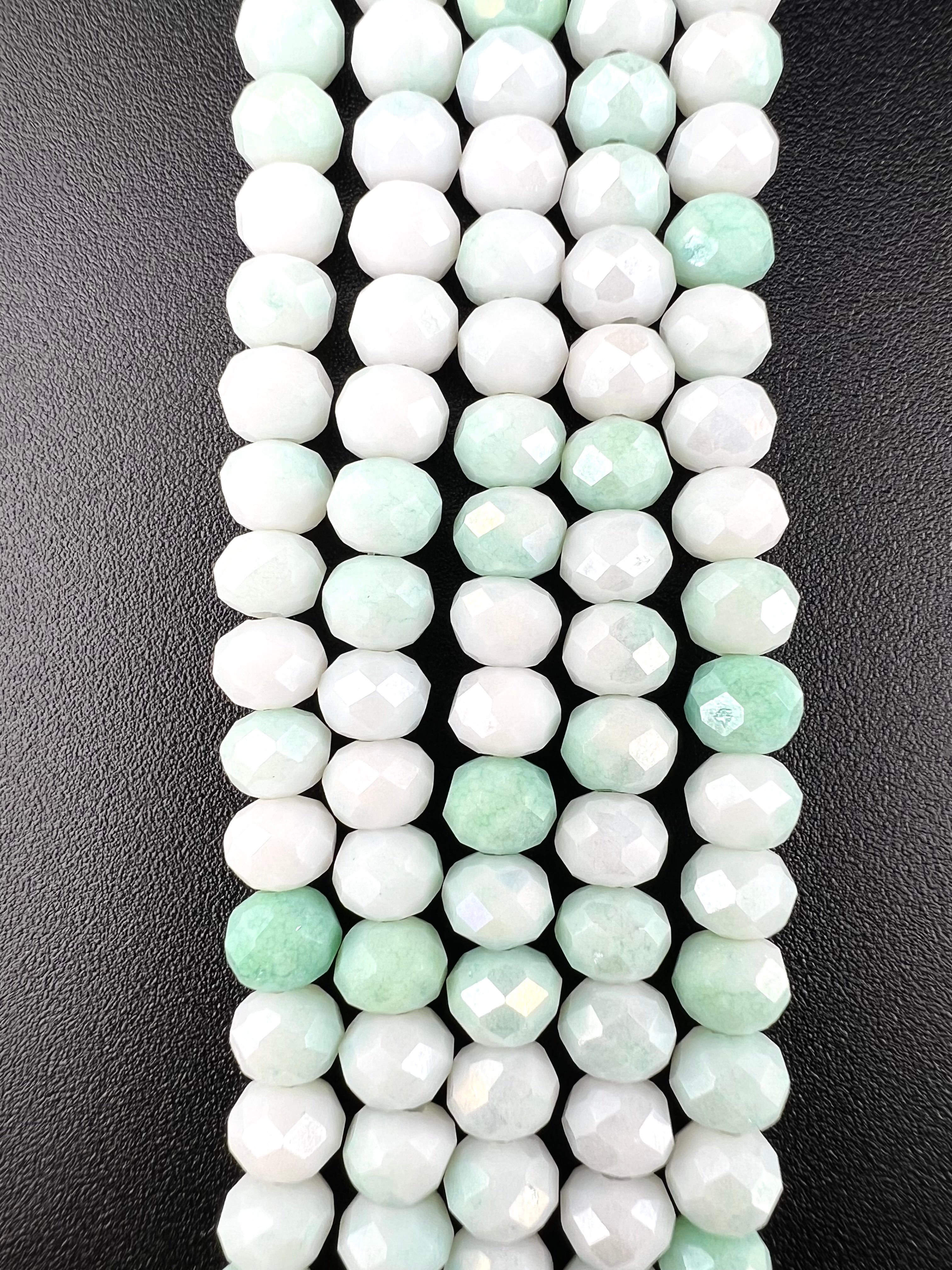 6mm Glass Faceted Rondelle Beads Mint Green and White