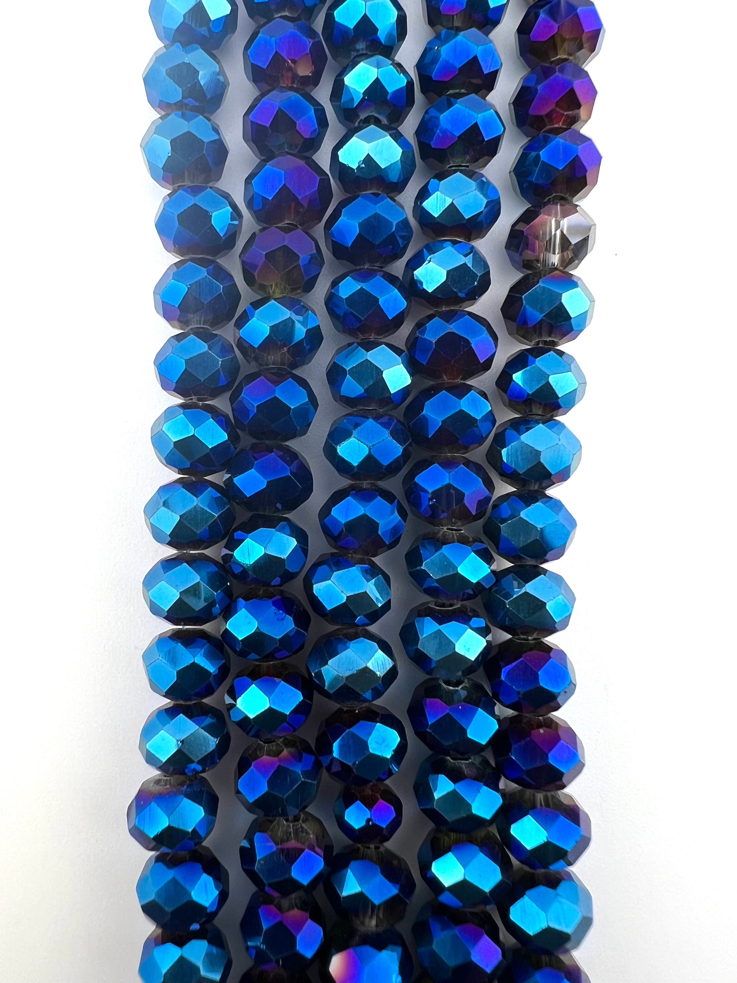 8mm Glass Faceted Rondelle Beads Metallic Blue