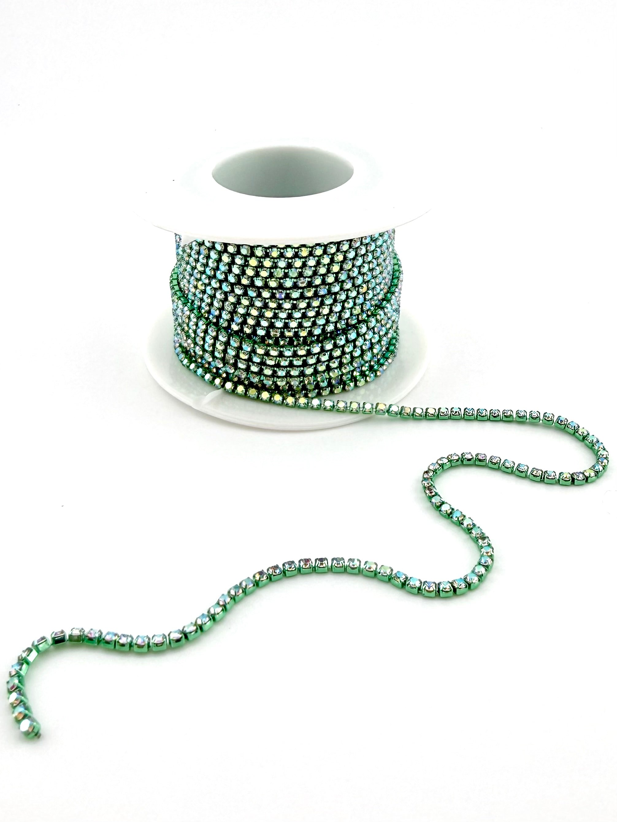 2mm Green Metal Rhinestone Banding With Clear AB Crystal