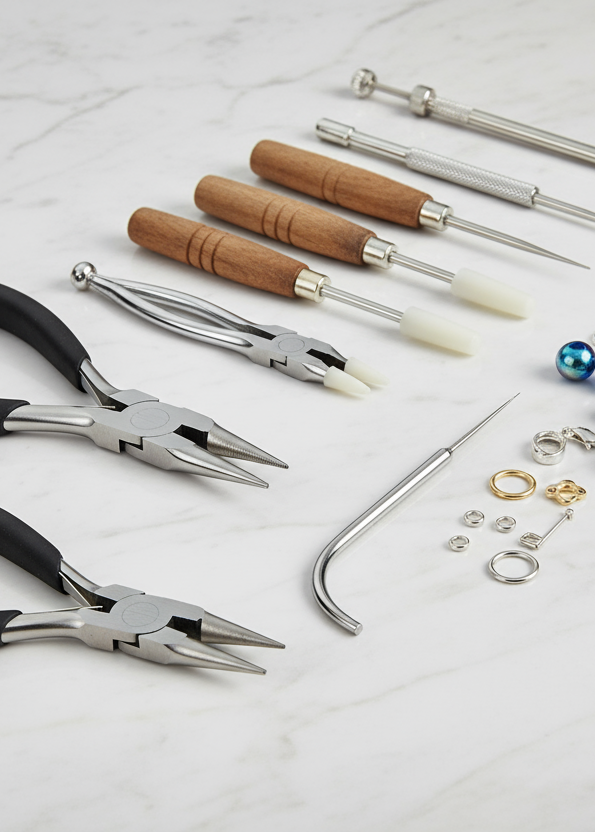 A realistic, high-quality image of professional jewelry-making tools neatly arranged on a modern light-grey or marble surface. Include precision pliers, wire cutters, round nose pliers, bead reamers, nylon tipped pliers, knotting tool. A few small beads or findings scattered nearby for context. Clean composition, minimal, modern studio lighting, no text or branding — focus on the craftsmanship tools and metallic textures.